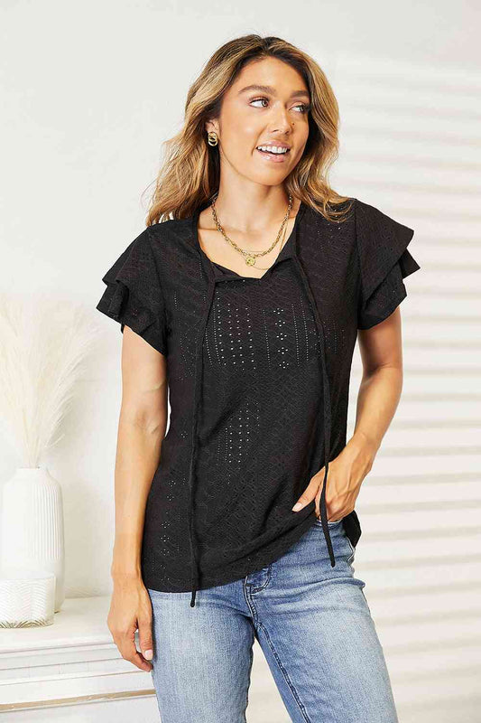 Eyelet Tie Neck Flutter Sleeve Blouse, Black