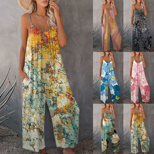 Tie Dye Loose Wide Leg Suspender Cami Jumpsuit