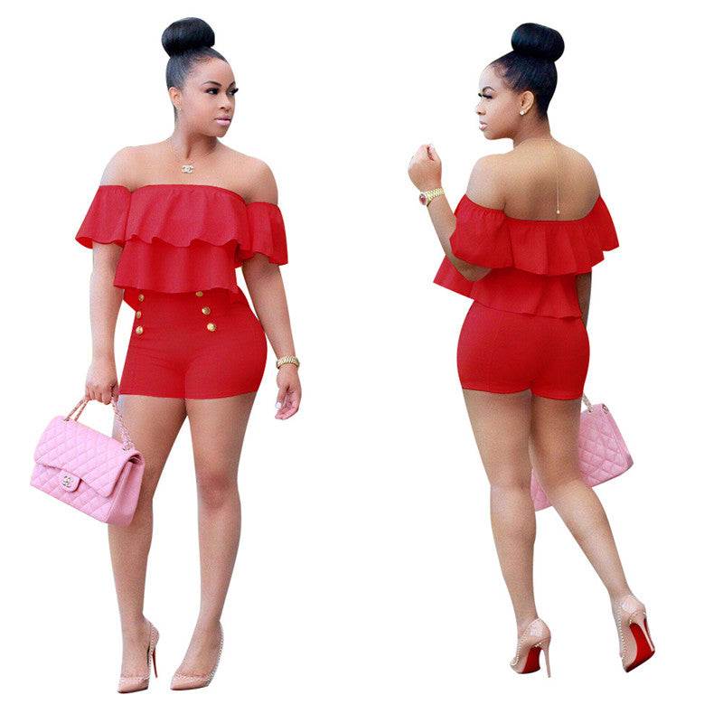 Bodycon Two Piece Off Shoulder Ruffle Crop Top Shorts Set