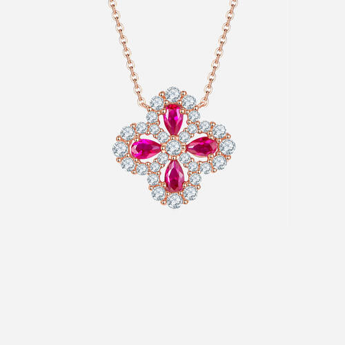 Lab Grown Ruby 925 Sterling Silver Flower Shape Necklace