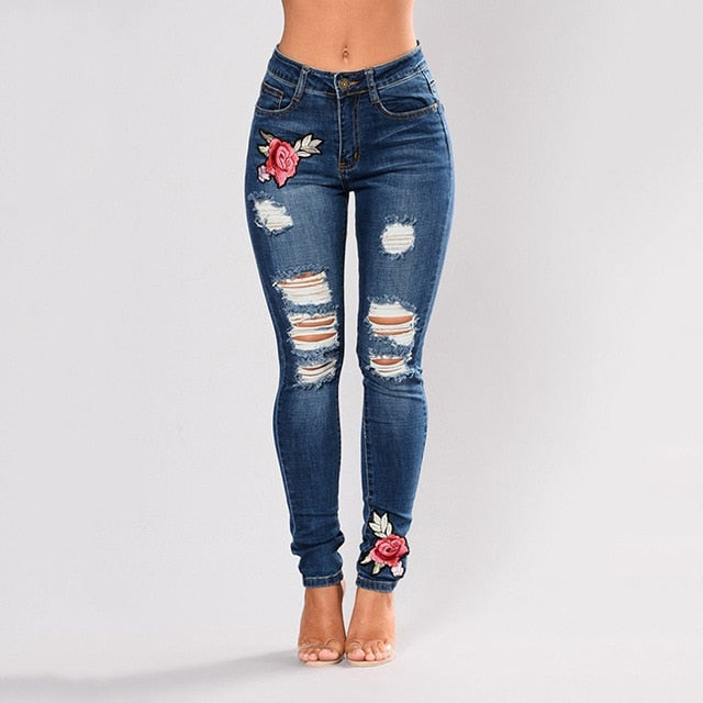 Pantalon Stretchy Ripped Low Rise Rose Embroidery Detail Skinny Jeans (3 colors)