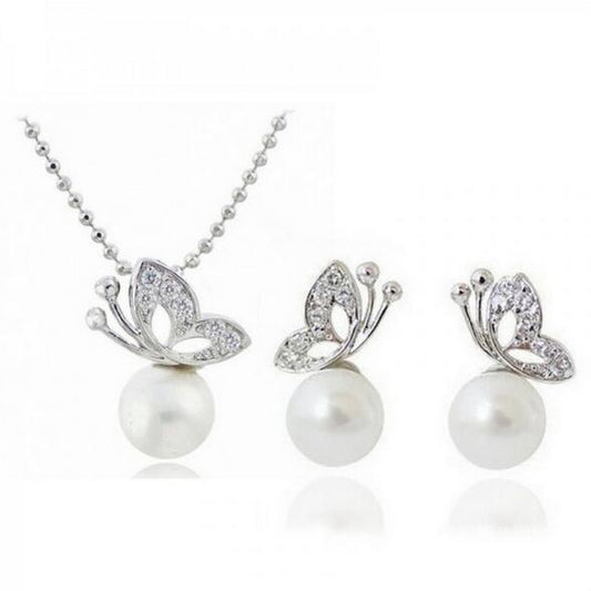 Butterfly Imitation Pearl Earrings and Necklace Jewelry Set