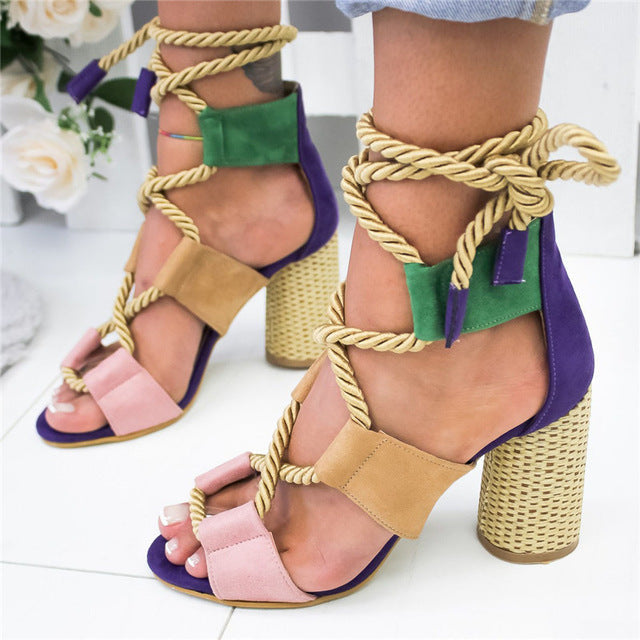 Hemp Lace Up Block Heel Gladiator Sandals