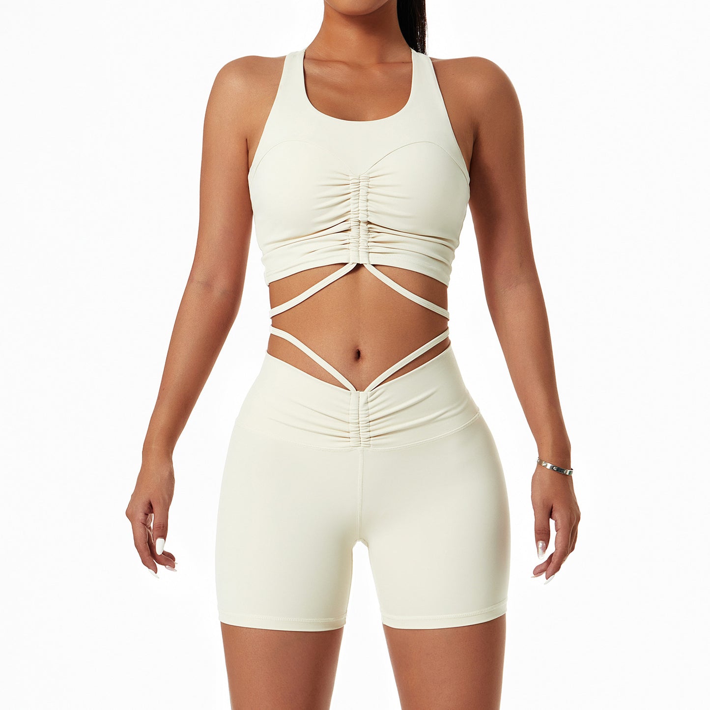 Solid Tank Drawstring Yoga Shorts Suit