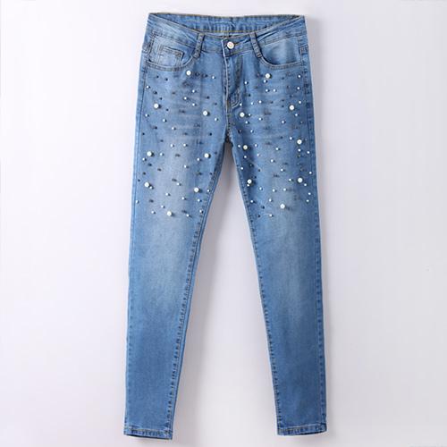 Pearl Detailed Denim Low Waist Skinny Jeans