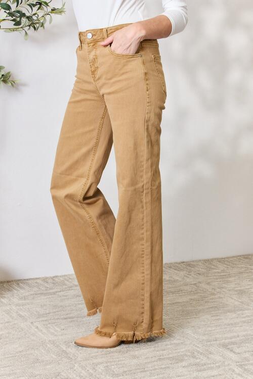 Mocha Color Fringed Hem Wide Leg Jeans