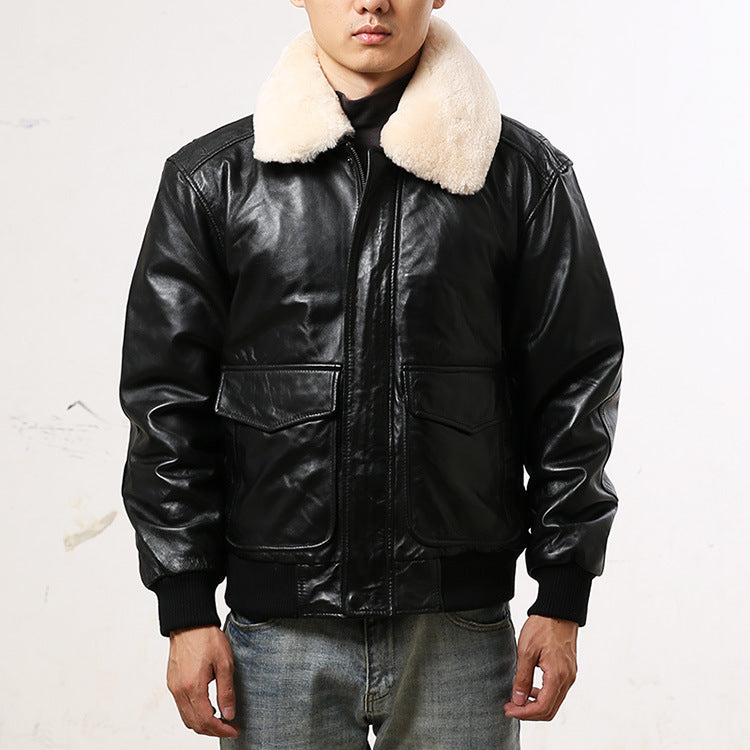 Sheepskin Leather Male Bomber Jacket Wool Collar