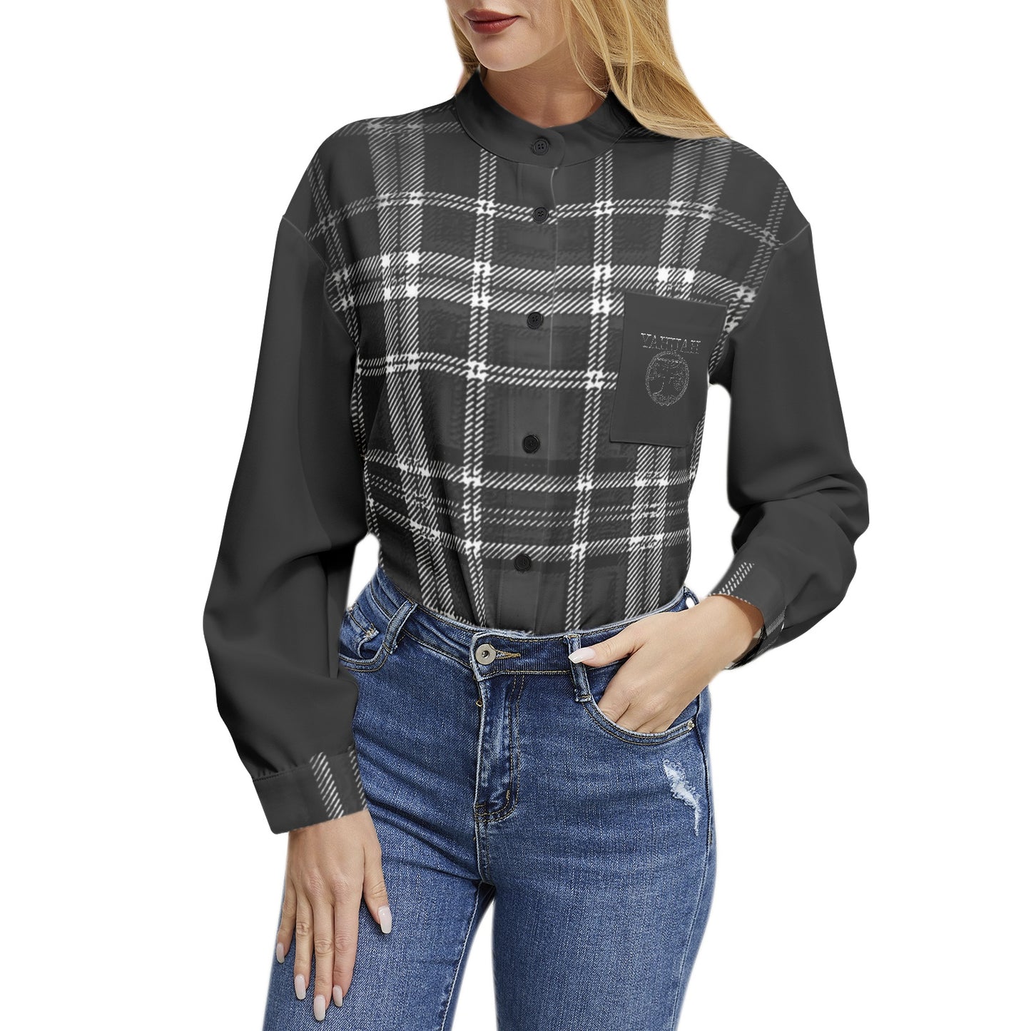 Yahuah-Tree of Life 02-04 + Digital Plaid 01-06A Ladies Designer Band Collar Long Sleeve Button Up Blouse with Chest Pocket