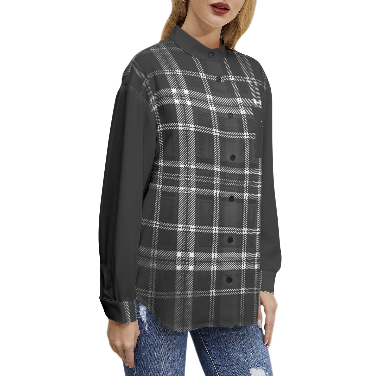 Yahuah-Tree of Life 02-04 + Digital Plaid 01-06A Ladies Designer Band Collar Long Sleeve Button Up Blouse with Chest Pocket