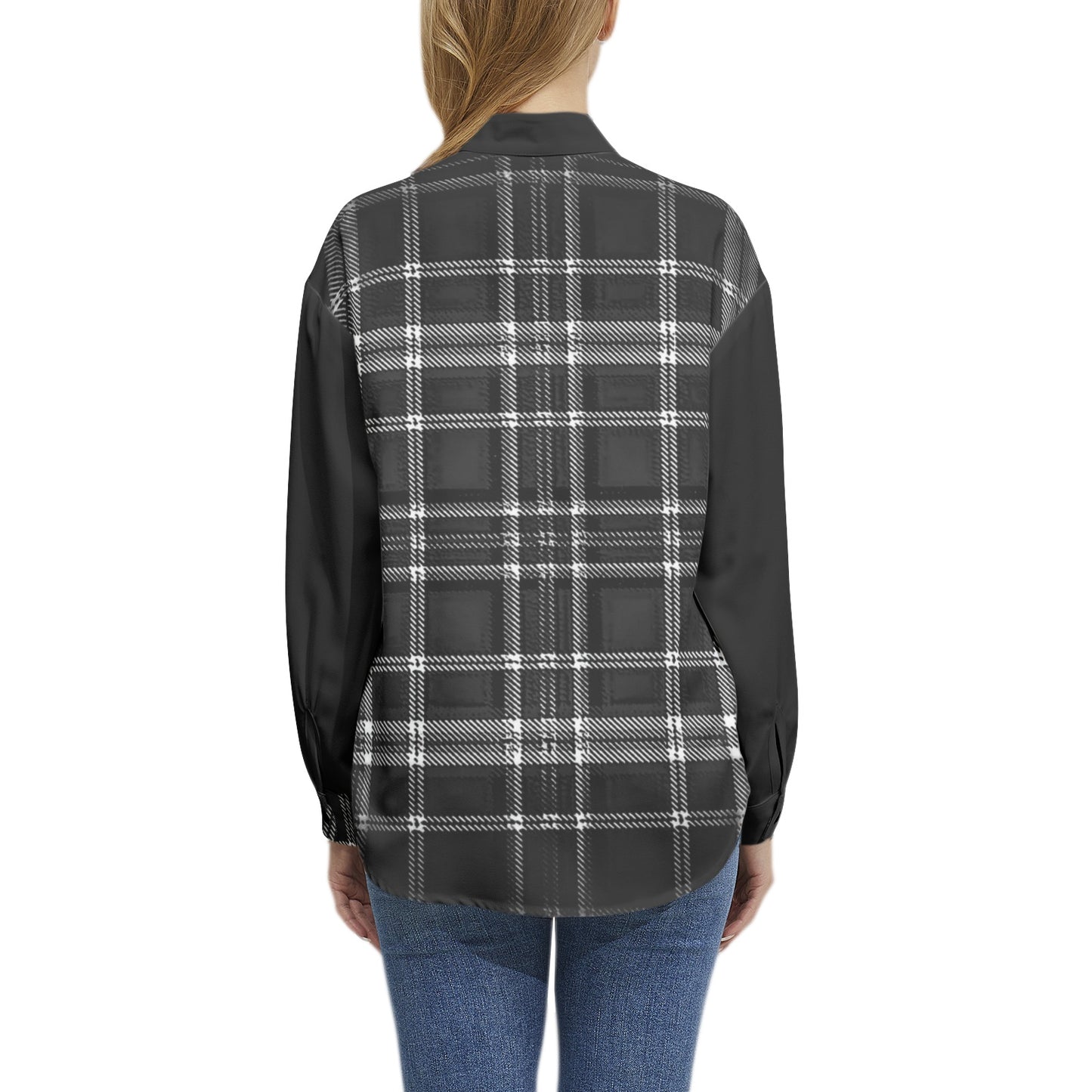 Yahuah-Tree of Life 02-04 + Digital Plaid 01-06A Ladies Designer Band Collar Long Sleeve Button Up Blouse with Chest Pocket