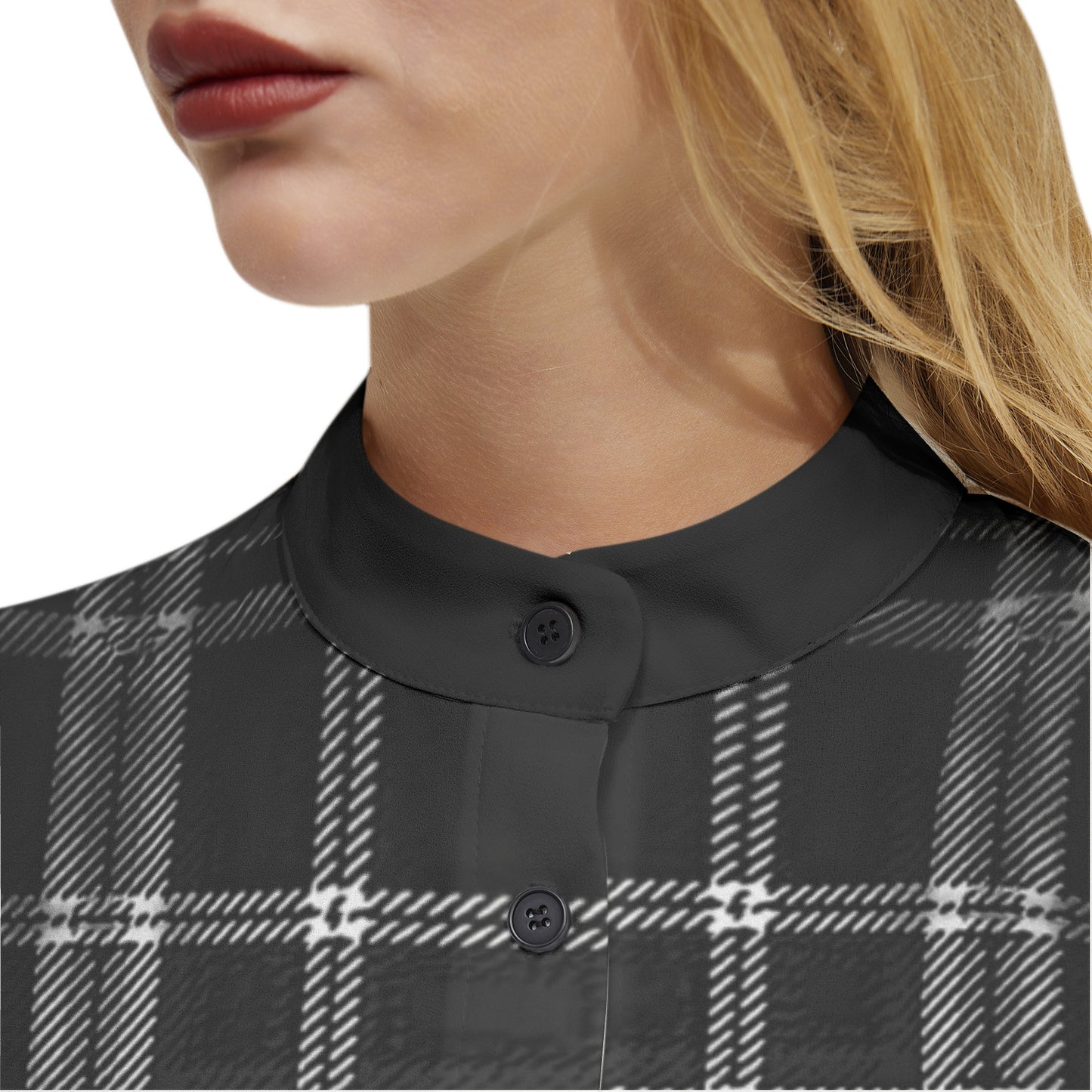 Yahuah-Tree of Life 02-04 + Digital Plaid 01-06A Ladies Designer Band Collar Long Sleeve Button Up Blouse with Chest Pocket