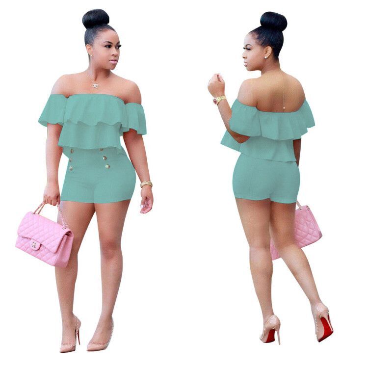 Bodycon Two Piece Off Shoulder Ruffle Crop Top Shorts Set