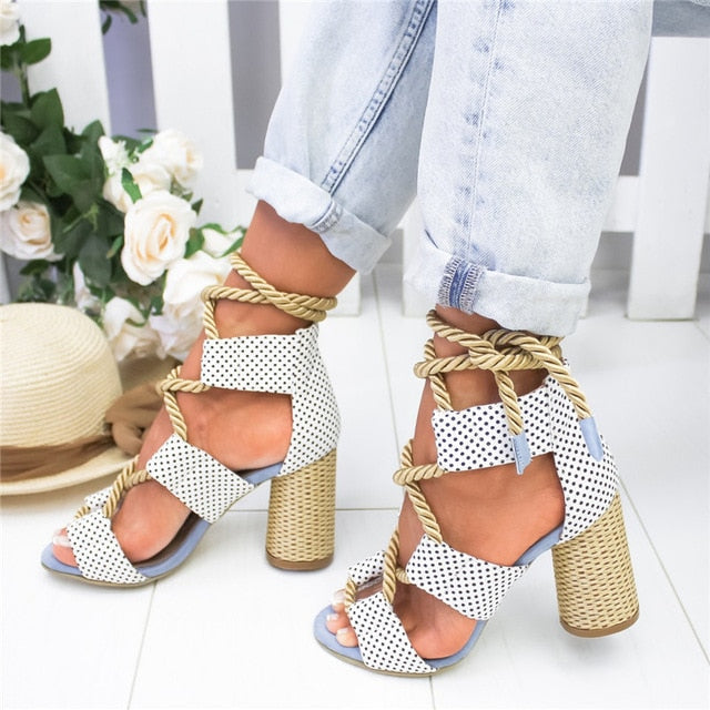 Hemp Lace Up Block Heel Gladiator Sandals