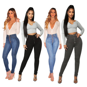 High Waist Hip Lift Slim Breasted Button Front Skinny Jeans (4 colors)