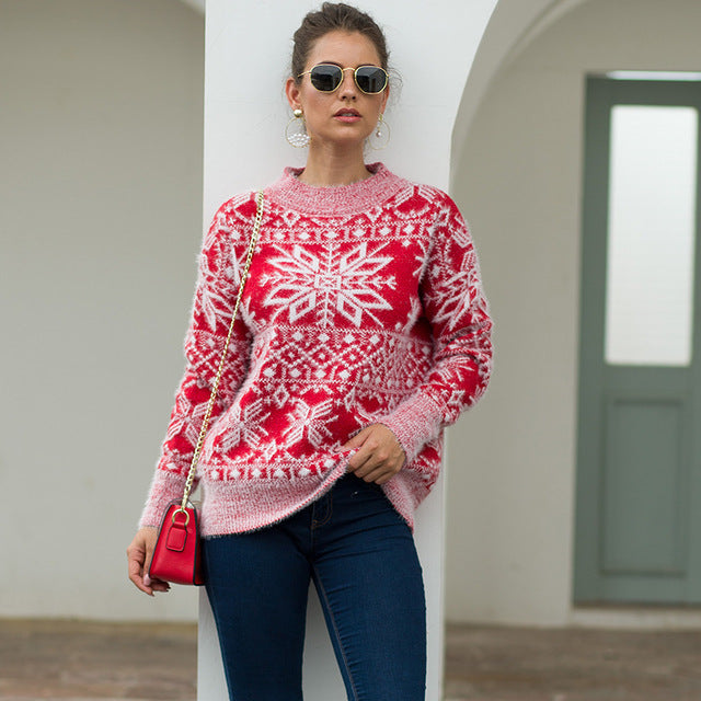 Snowflake Print Knit Sweater