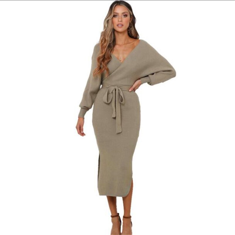 Split V-Neck Sweater Midi Dress with Belt