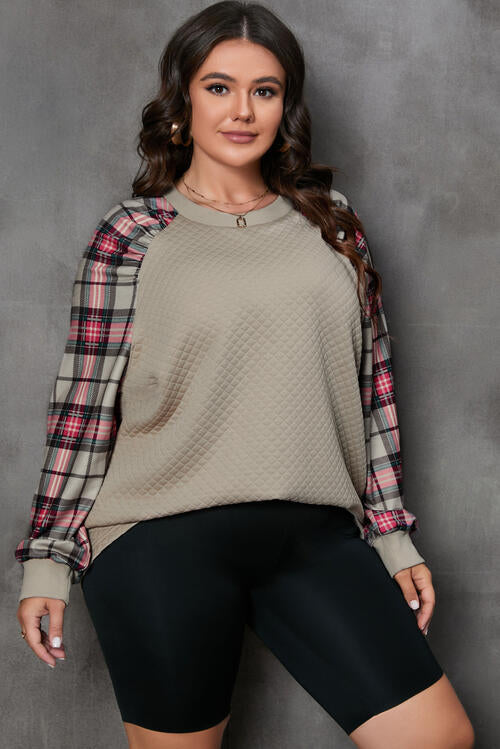 Khaki Color Plaid Round Neck Plus Size Sweatshirt