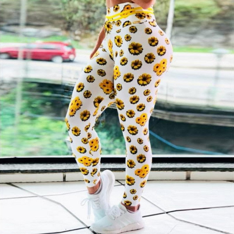 Sunflower Print High Waist Yoga Pants