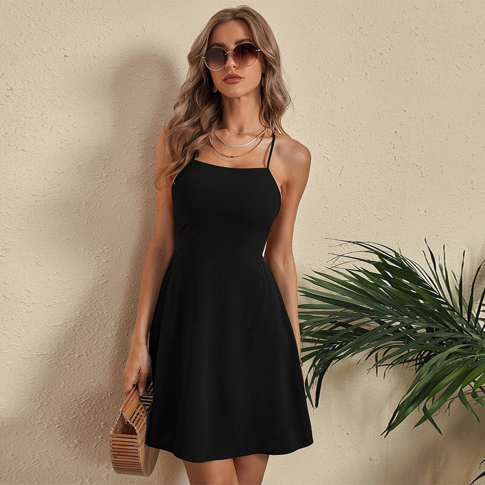 Black Square Neck Criss Cross Backless Shift Mini Dress