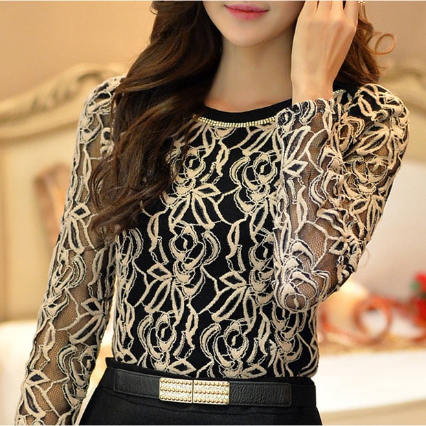 Korean Vintage Long Sleeve Black Lace Chiffon Blouse