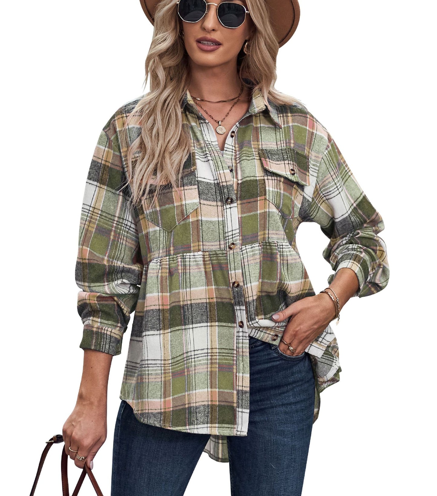 Ladies Lapel Collar Long Sleeve Pocket Plaid Button Up Blouse