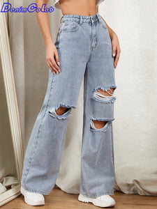 Ripped Hole Washed Wide Leg Lady Jeans (Black/Light Blue)