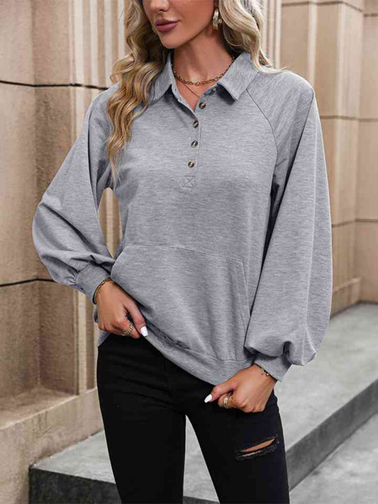 Cloudy Blue Collared Raglan Sleeve Blouse