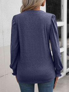 Blusa fruncida con cintura fruncida y mangas abullonadas con cuello de muesca (6 colores)