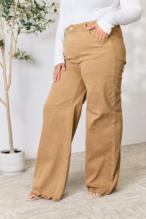 Mocha Color Fringed Hem Wide Leg Jeans