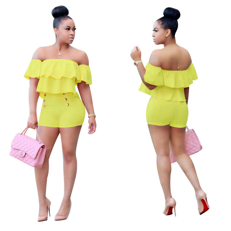 Bodycon Two Piece Off Shoulder Ruffle Crop Top Shorts Set