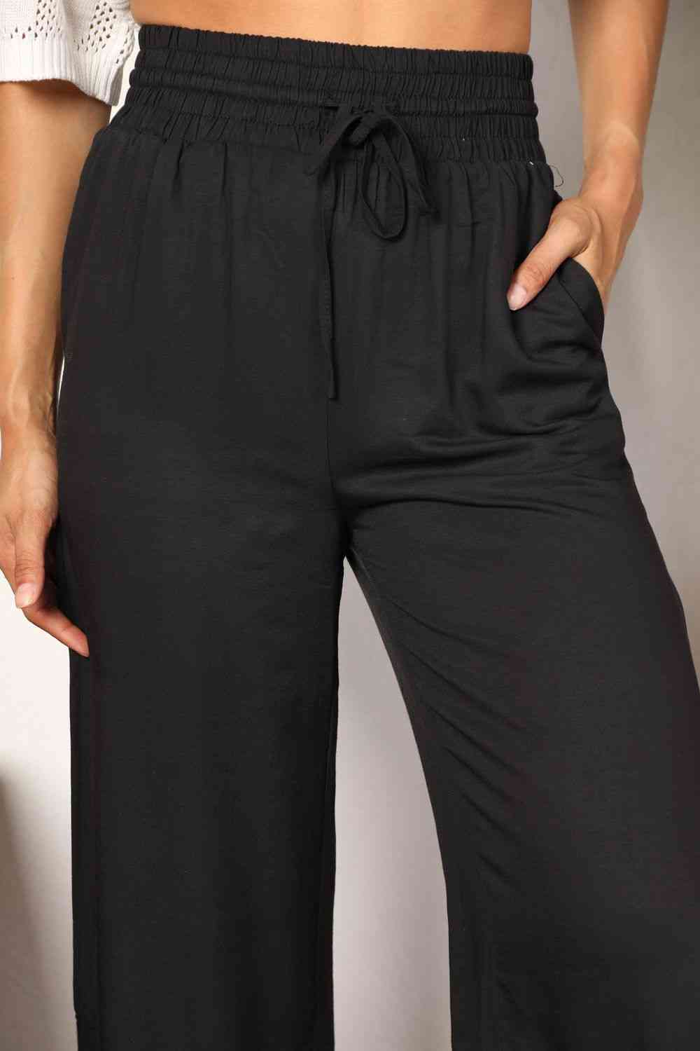 Smocked Drawstring Elastic High Waist Wide Leg Pants (Camel/Black)