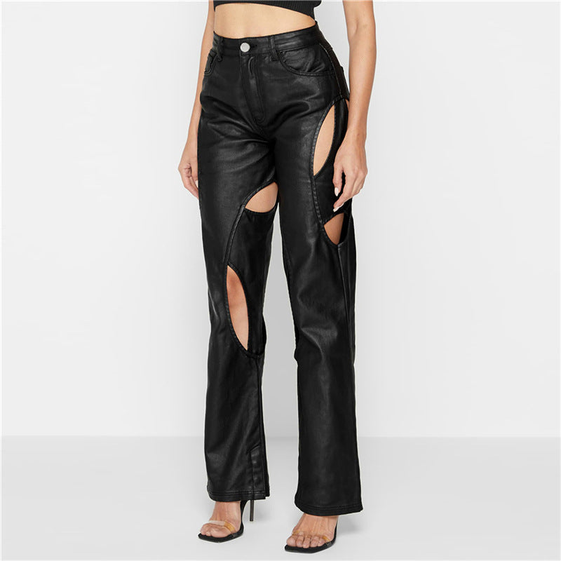 High Waist Straight Hollow Faux Leather Pants