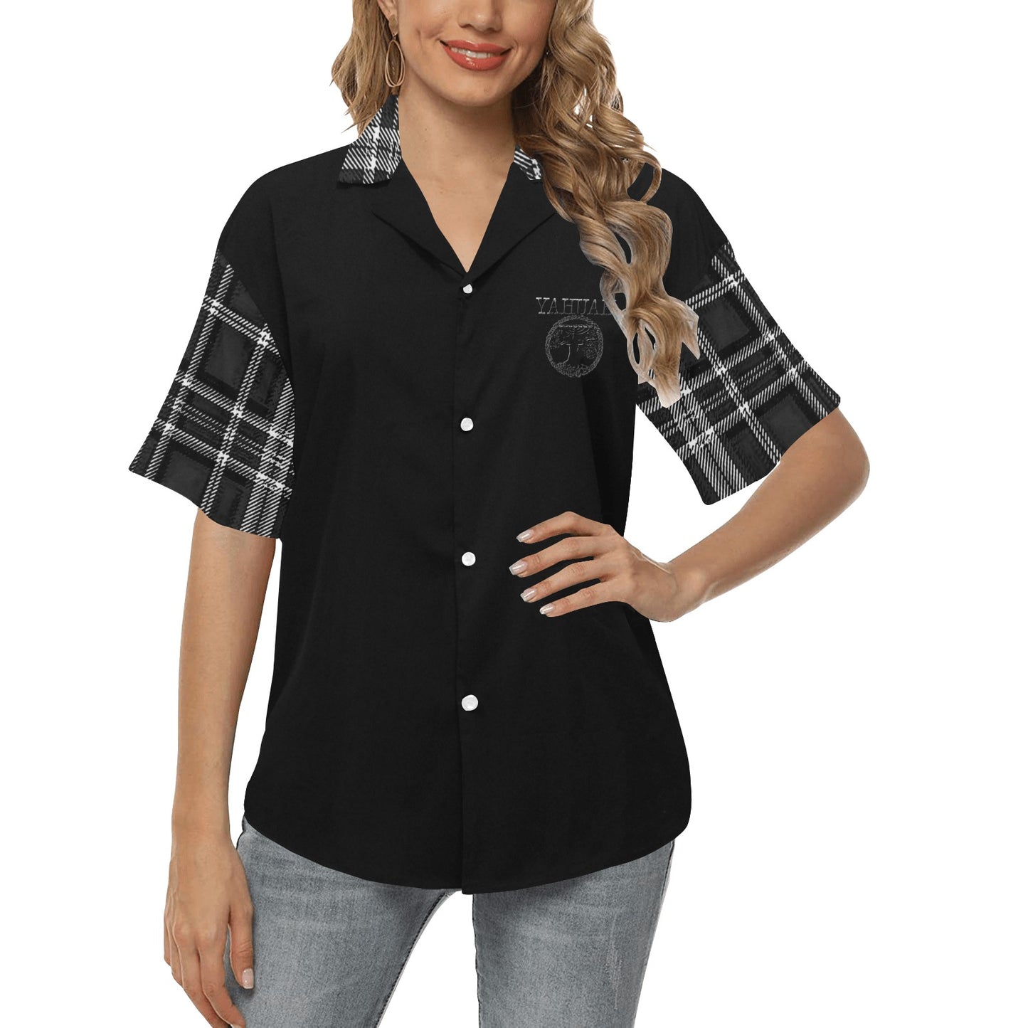 Yahuah-Tree of Life 02-04 + Digital Plaid 01-06A Ladies Designer Short Sleeve Button Up Blouse with Side Slits