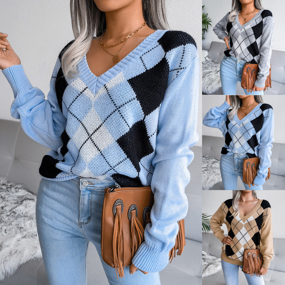 College Style Diamond Print Lady Sweater