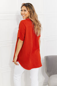 Blusa con botones de manga corta de algodón de gasa roja naranja