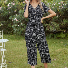Load image into Gallery viewer, Single Breasted V Neck Short Sleeve Printed Wide Leg Capri Jumpsuit