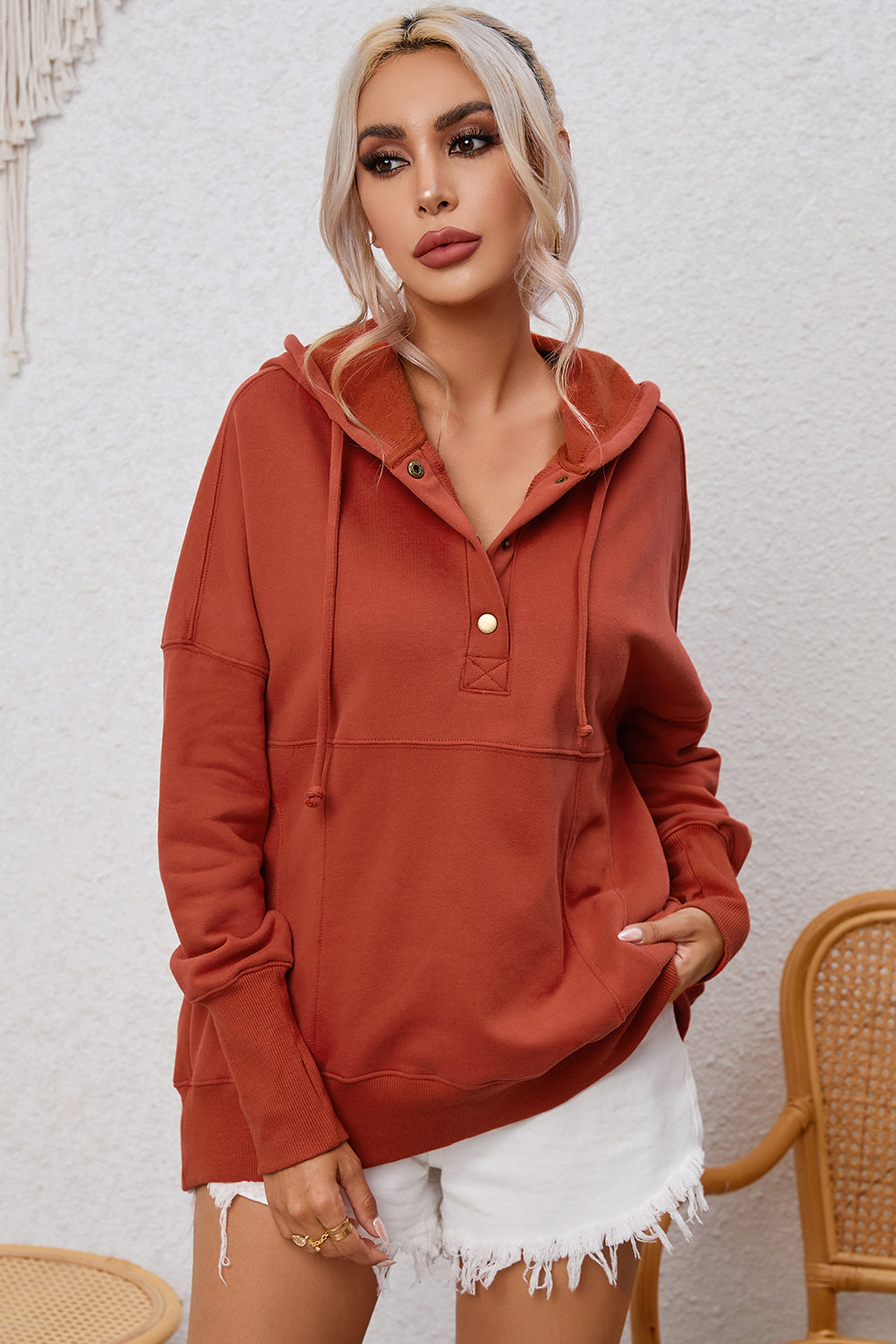 Brick Red Color Drop Shoulder Half Button Pullover Hoodie