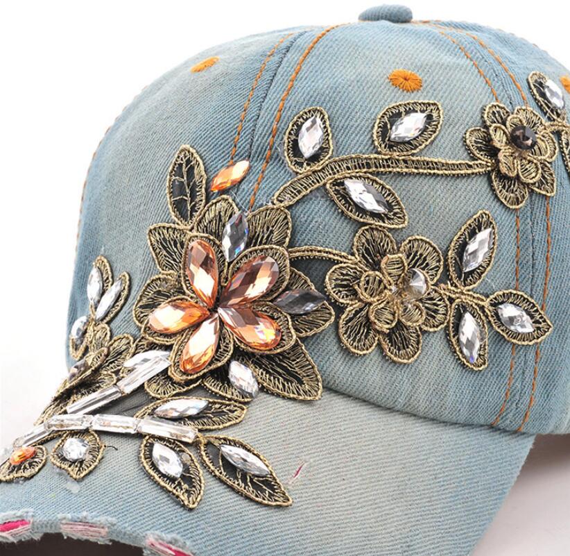 Diamond Embroidery Flower Denim Snapback Lady Baseball Cap