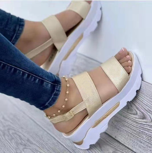 Round Toe Wedge Sandals (Gold, White, Black)