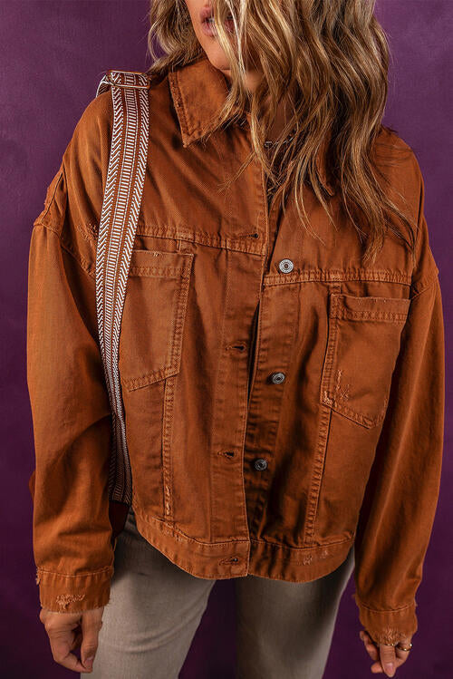 Ochre Color Collared Button Up Denim Jacket