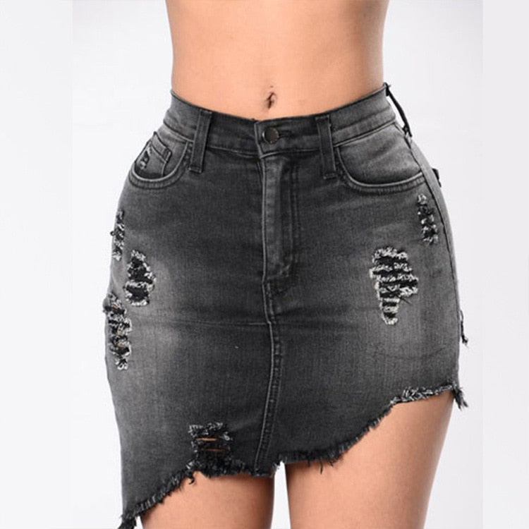 Denim Ripped Tassel High Waist Sharp Edge Irregular Cutting Pencil Mini Skirt