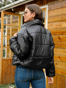 Black Full Zip Stand Collar Puffer Jacket