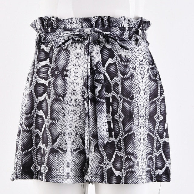 Snake Print High Waist Ruffle Shorts (Black/Khaki)