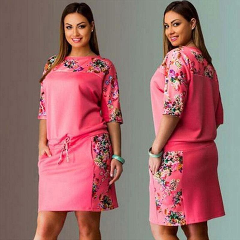 Half Sleeve Floral Print Plus Size Mini Dress