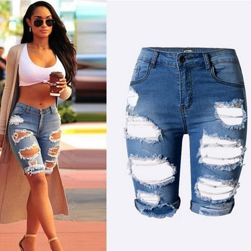 High Waist Ripped Hole Roll Cuff Denim Shorts (Blue, Black, White)