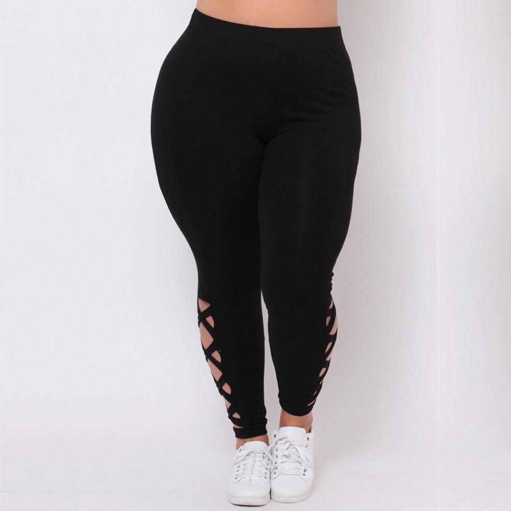 Solid Criss Cross Hollow Out Plus Size Leggings