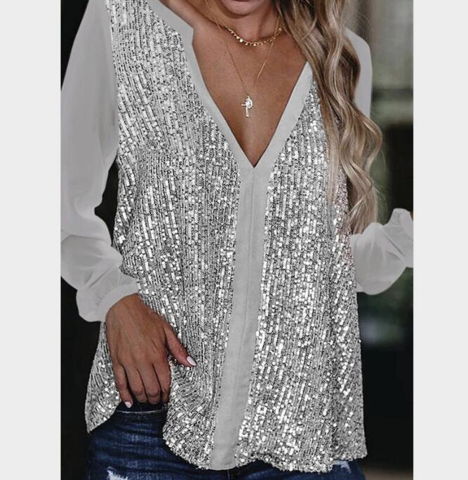 Sequined V-neck Long Sleeve Chiffon Blouse (Black/Gray)