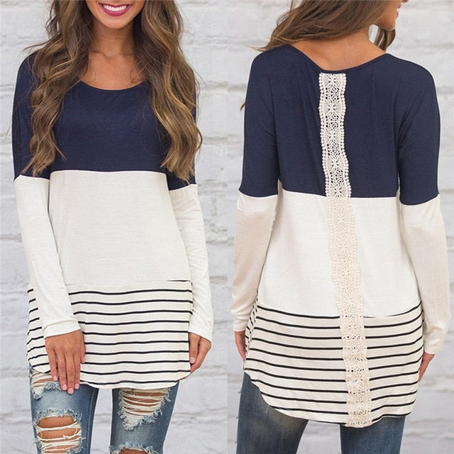 Back Lace Striped Long Sleeve Tunic Blouse (5 colors)