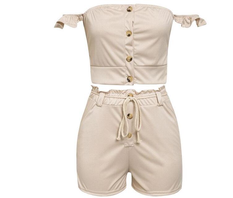 Khaki Color Off Shoulder Ruffle Two Piece Romper