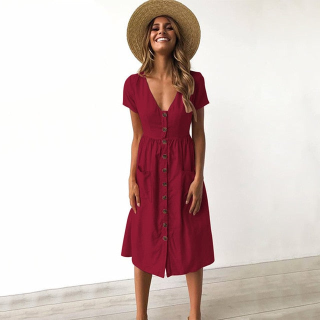 Solid V-neck Button Bohemian Casual Cotton Midi Dress